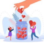 Hand of generous person putting heart in jar