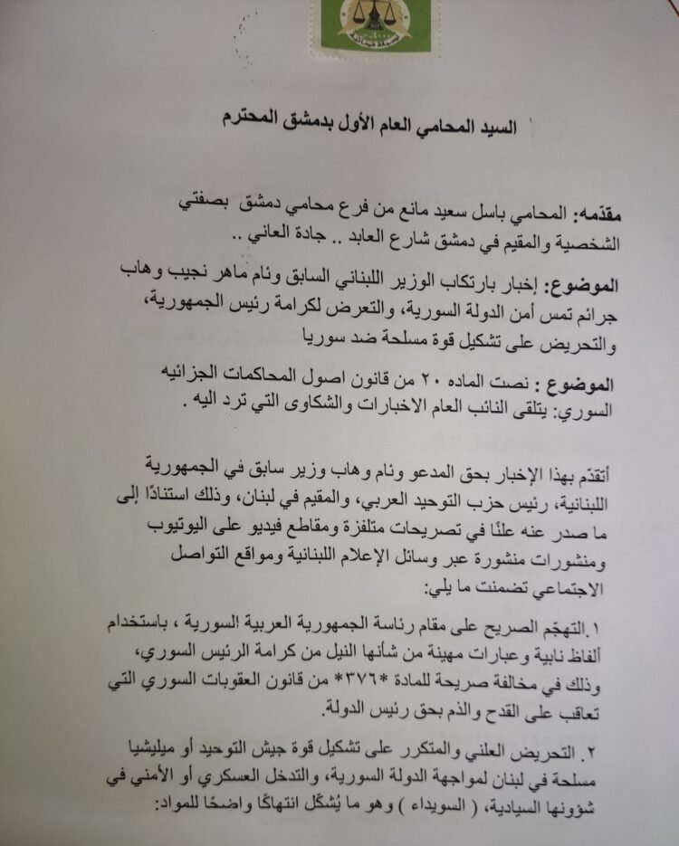 محامٍ سوري يحرّك دعوى بحق الوزير السابق وئام وهاب بتهمة التحريض على العصيان المسلّح